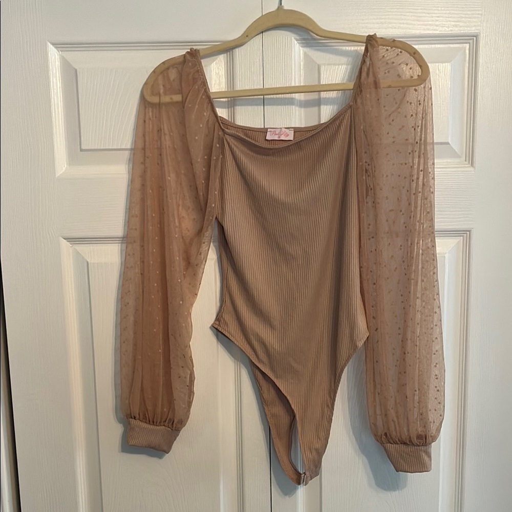 Sheer Puff Sleeve Ribbed Bodysuit - Nude